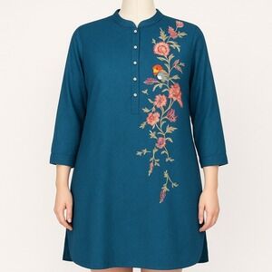 N Couture Floral Embroidered Button Shirt Dress Size M Blue Bird Boho Pockets‎